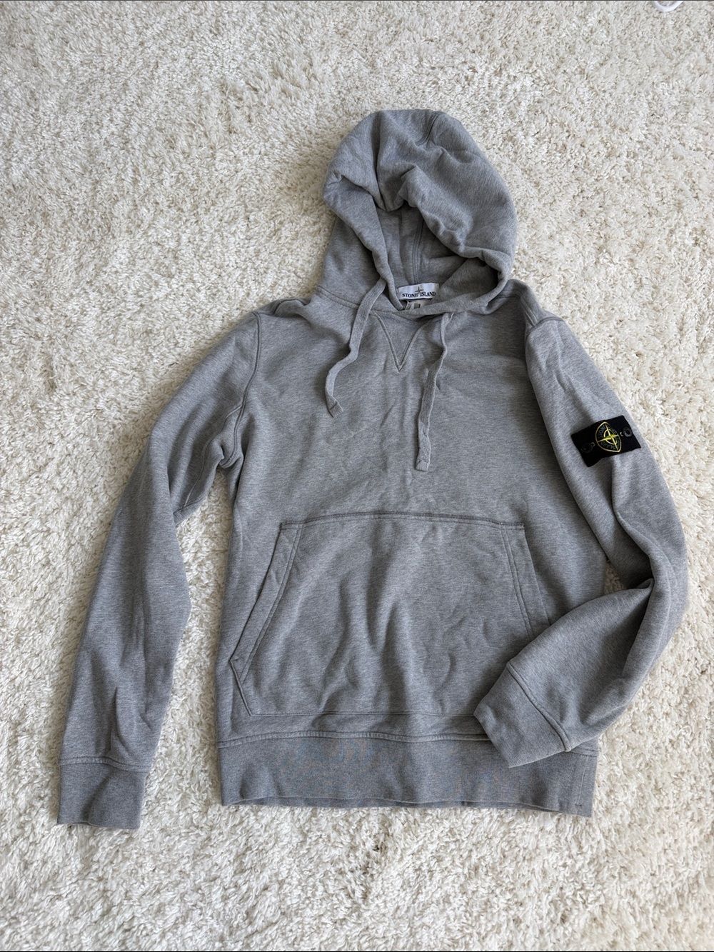 Stone Island Light Gray Pullover Hoodie with Sleeve Badge